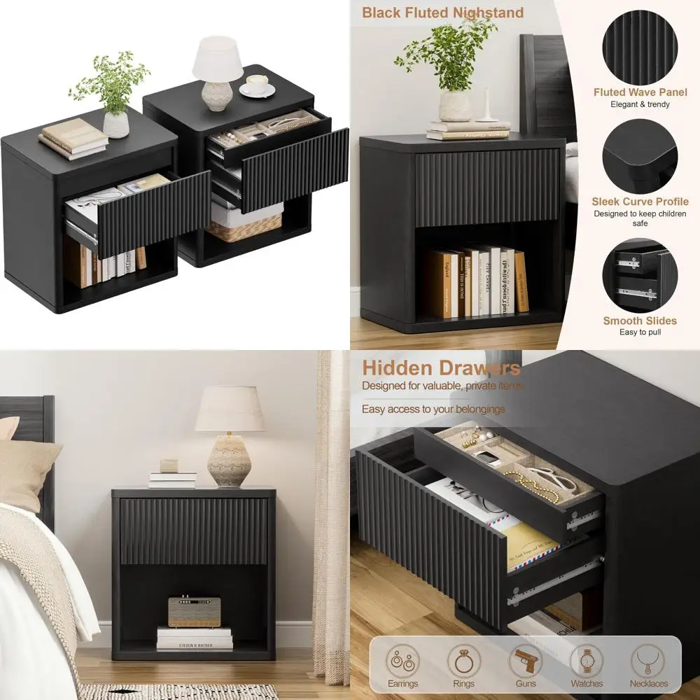 Пара 22,8-дюймовых черных рифленых современных тумбочек середины века с 4 ящиками и скрытым хранилищем