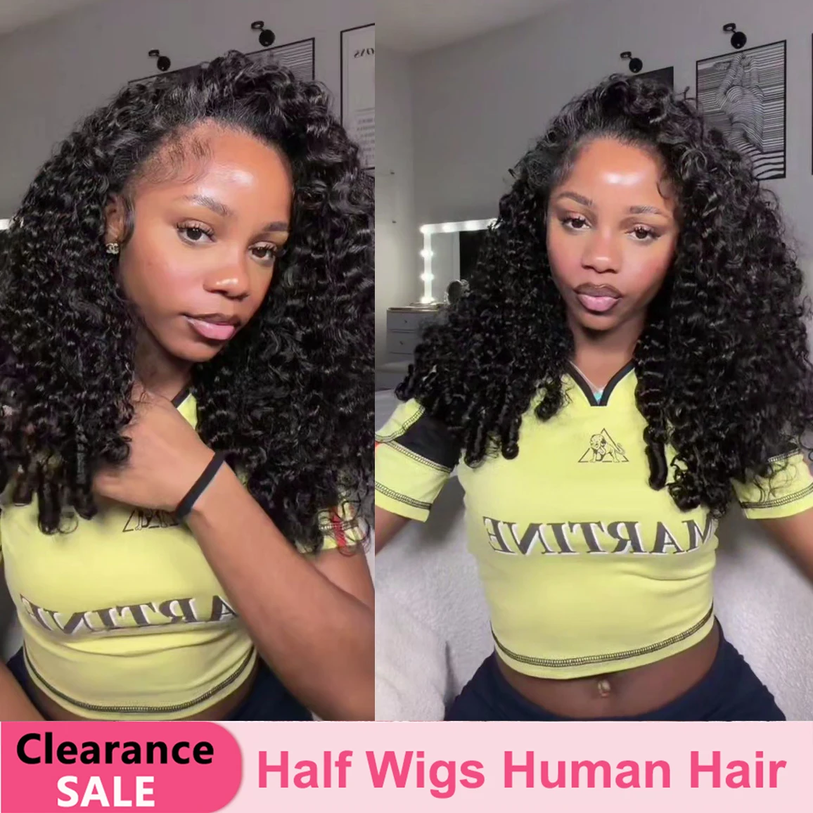 3 In 1 Half Wigs Burmese Curly Drawstring Glueless Wig Seamless Flip Over Half Wig Human Hair Beginner Friendly Spiral Curly End