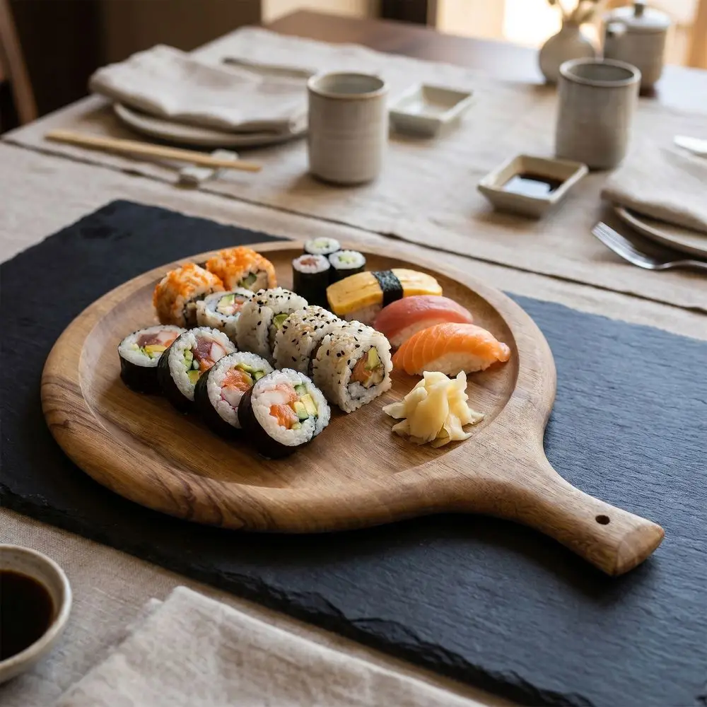 Wooden Pizza Tray Round Ergonomic Handle Cutting Board Multi-functional Easy Clean Serving Board Meat/Fruits/Vegetables