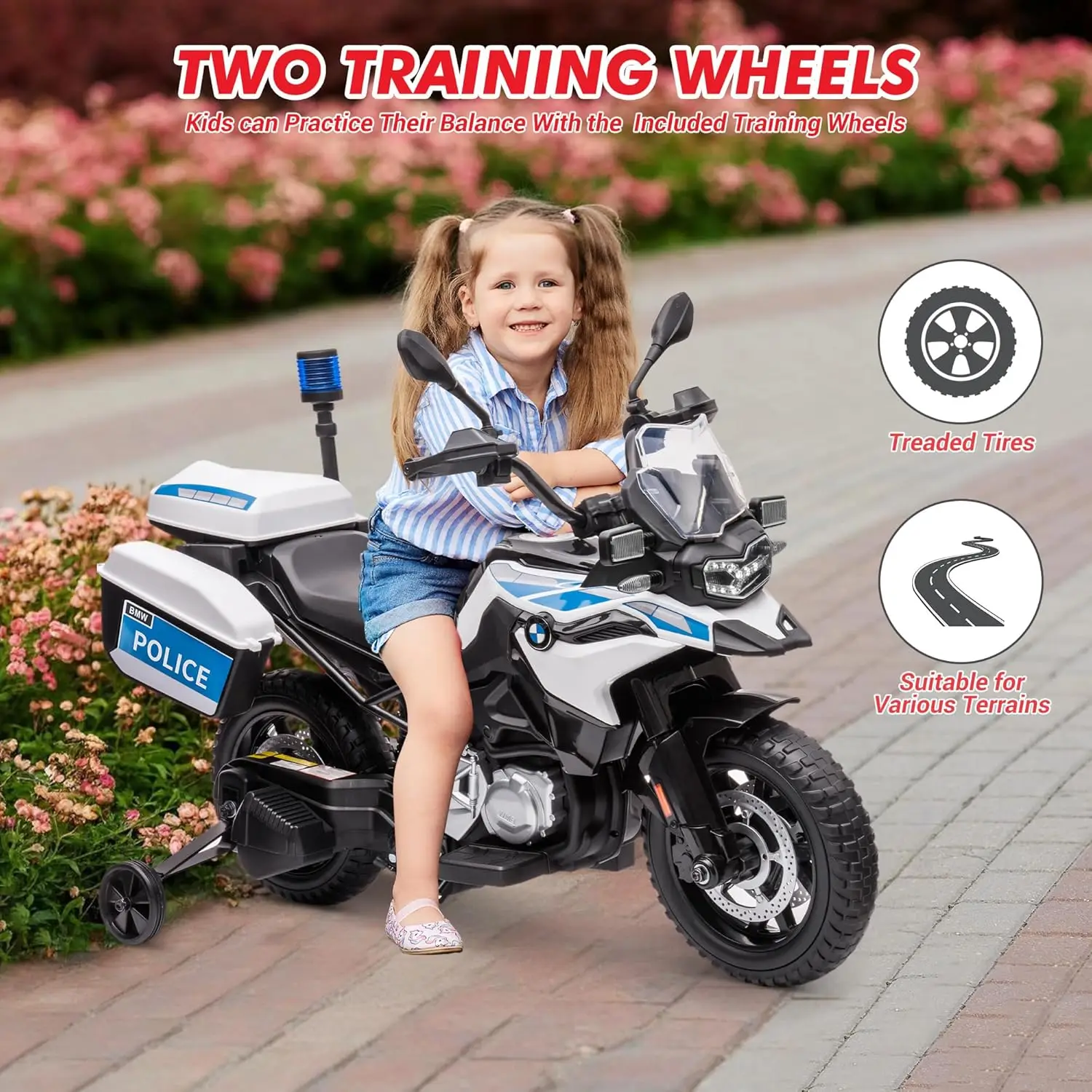 Kids Electric Police Motorcycle Ride On, 12V 7Ah - 2 Speeds, LED Headlights, Spring Suspension, MP3, Music, Training Wheels, 2 Storage Boxes, for Boys & Girls