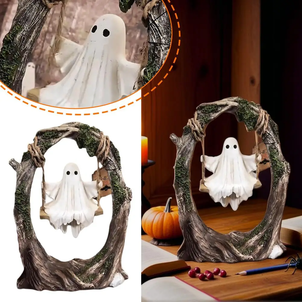 Ghost On A Tree Swing ฮาโลวีนน่ารัก Ghost Tree Swing ตกแต่งเรซิ่น Spooky รูปปั้นตกแต่งบ้านสําหรับโต๊ะ Windowsills