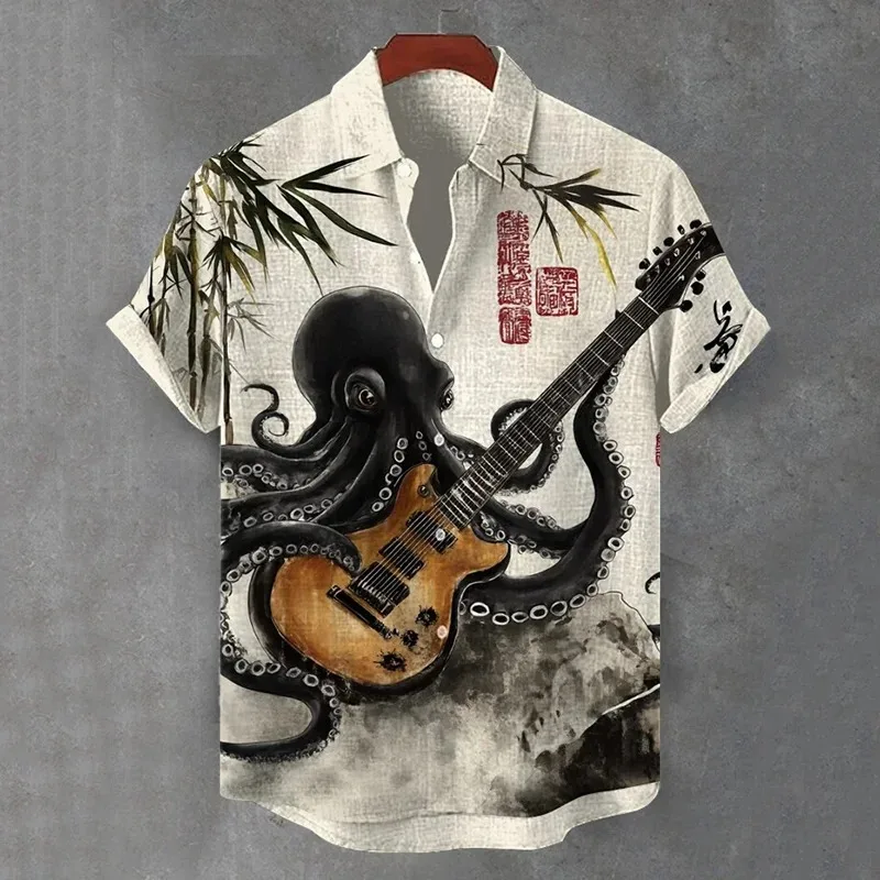 

Мужская рубашка с коротким рукавом с принтом «Черный осьминог играет на рок-гитаре» в стиле ретро в стиле Харадзюку, летние каникулы, шикарные топы с лацканами, пляжная одежда