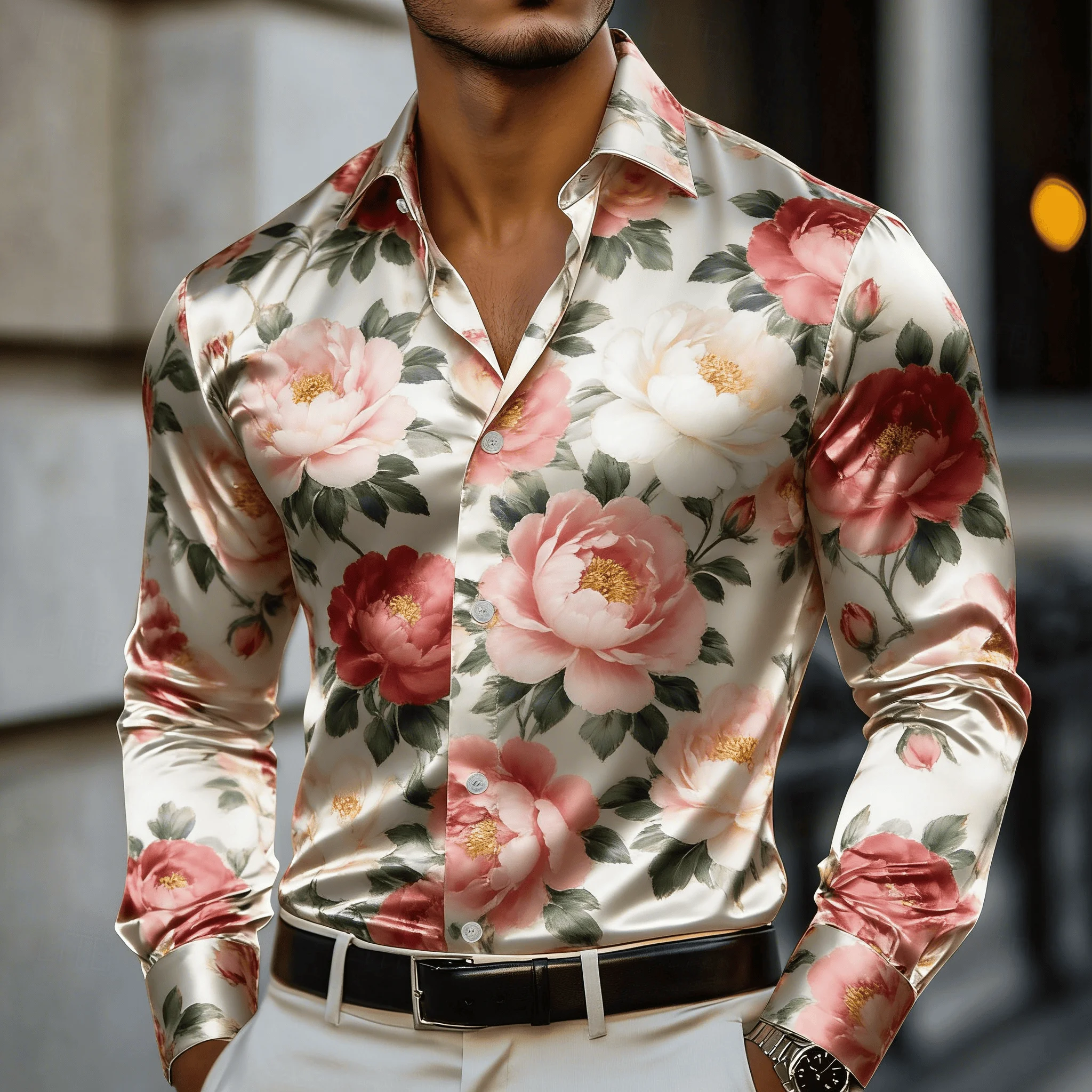 

Men's White-Green Gardenia Print Lapel Long Sleeve Shirt, Spring Summer Fresh Elegant Casual Top