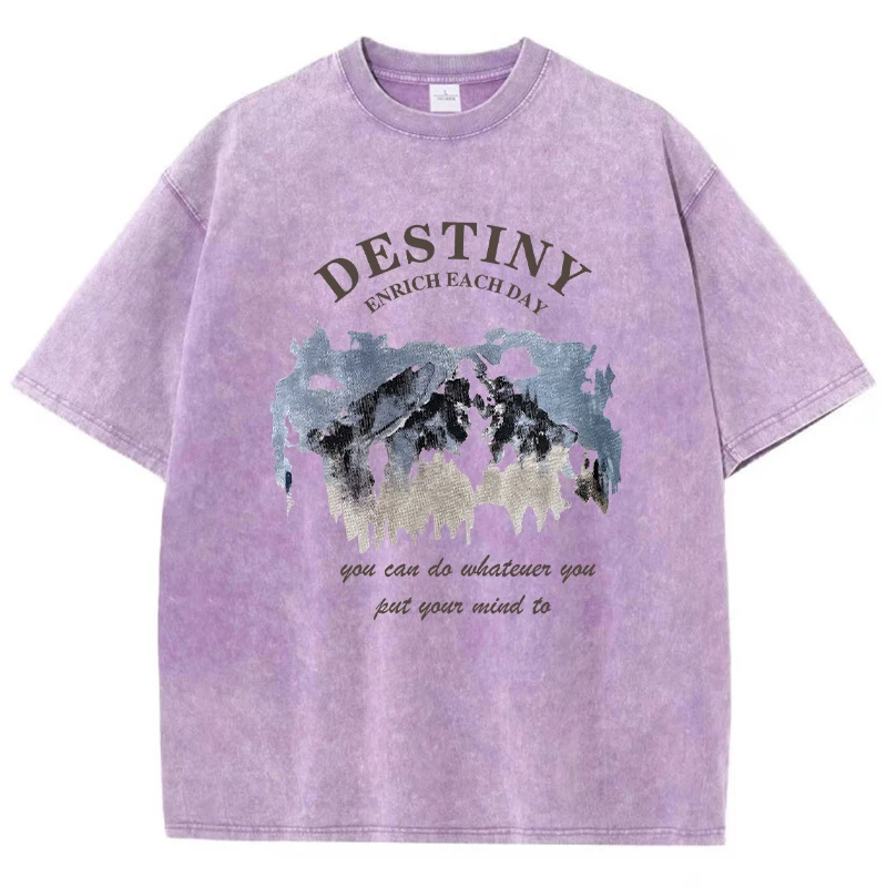 

Street Women Cotton Washed T-Shirt Destiny Enrich Each Day Letter Printing Tee Shirt Fashion Loose Tops Casual O-Neck Clothes