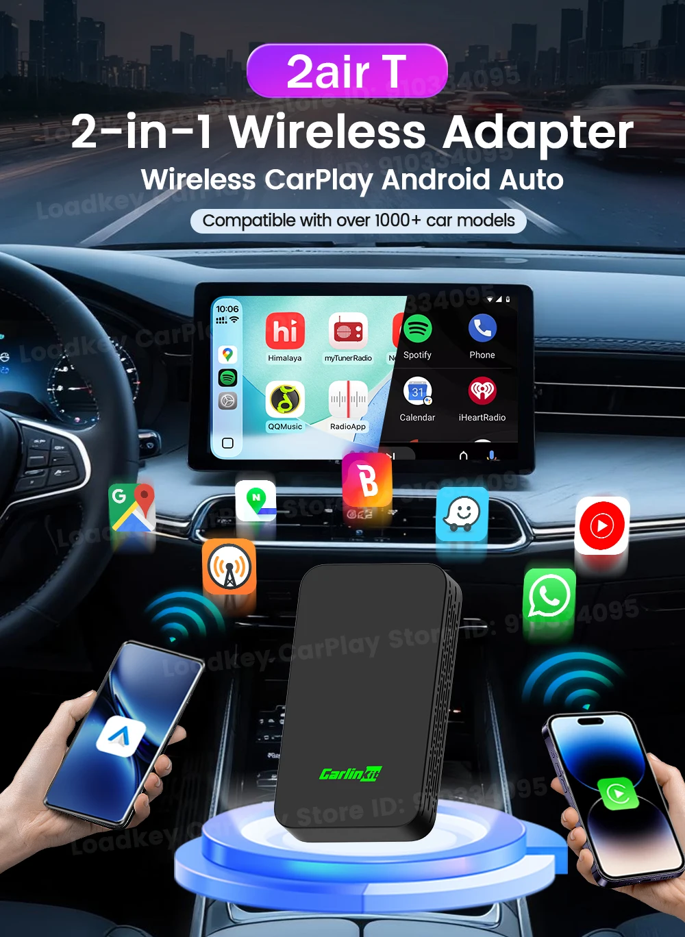 Carlinkit 5.0 2air Wireless CarPlay Android Auto Wireless Adapter 2in1 Plug and Play Auto Connection 5.8Ghz WiFi Bluetooth GPS