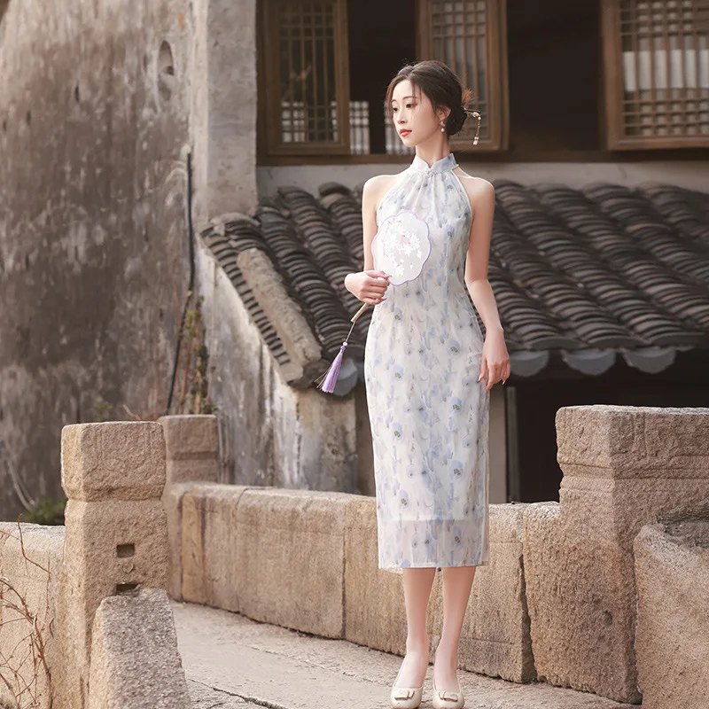 

Chinese 2024 Summer New Sleeveless Dress Small High Class Cheongsam Sisters Group Women Printing Skirt Thin Style Cute Female