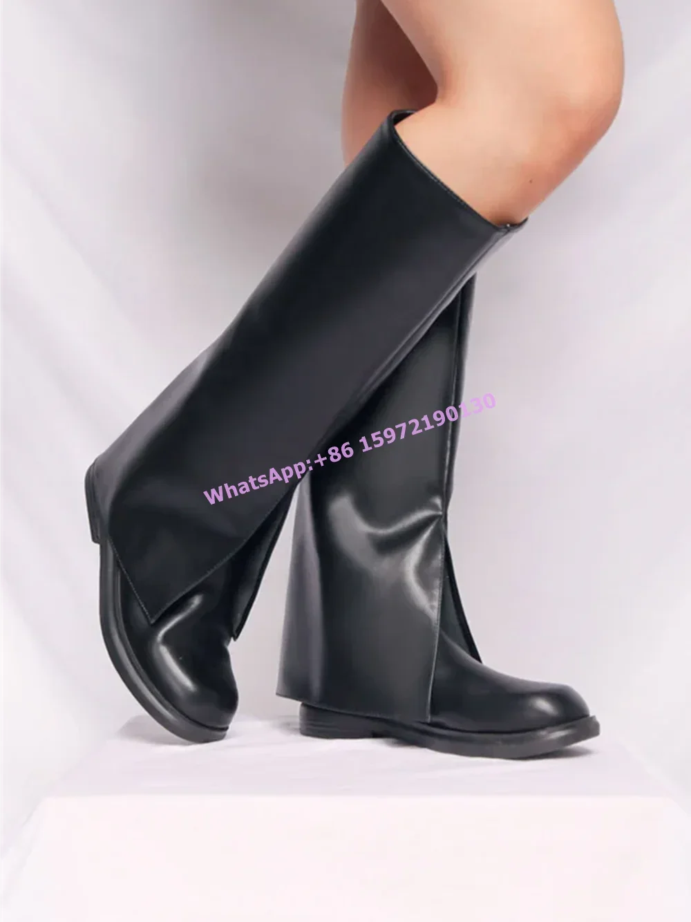 Black Solid Knee High Boots Slip On Turn Over Edges Square Toe Long Leisure Knight Boots Fashion Women's Winter Concise Shoes