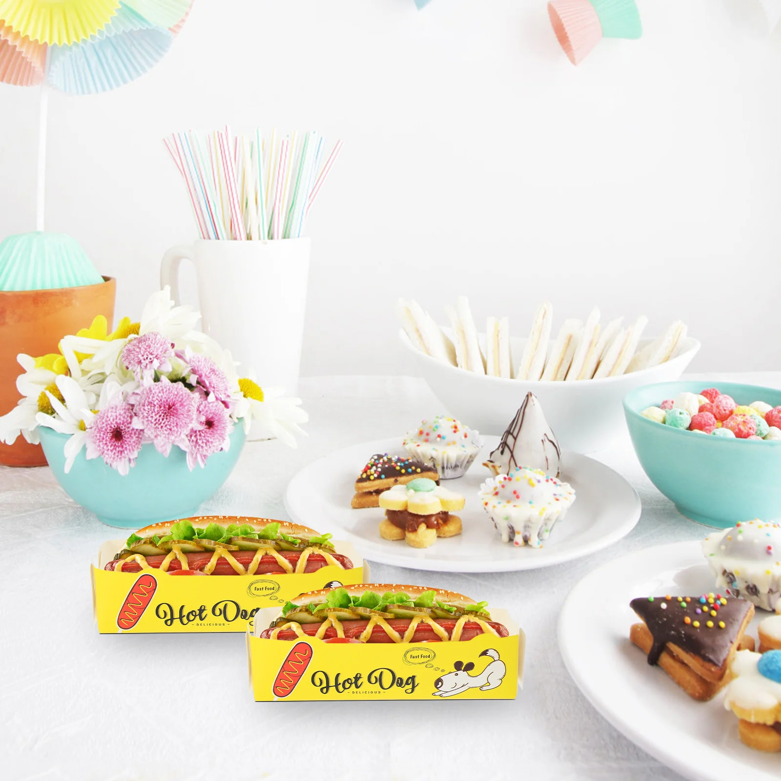 ถาดใส่อาหารกระดาษแบบใช้แล้วทิ้ง 50 ชิ้น พับได้ เคลือบกันน้ำมัน สำหรับใส่ขนม ปาร์ตี้ ฮอทดอก เฟรนช์ฟรายส์ ไก่