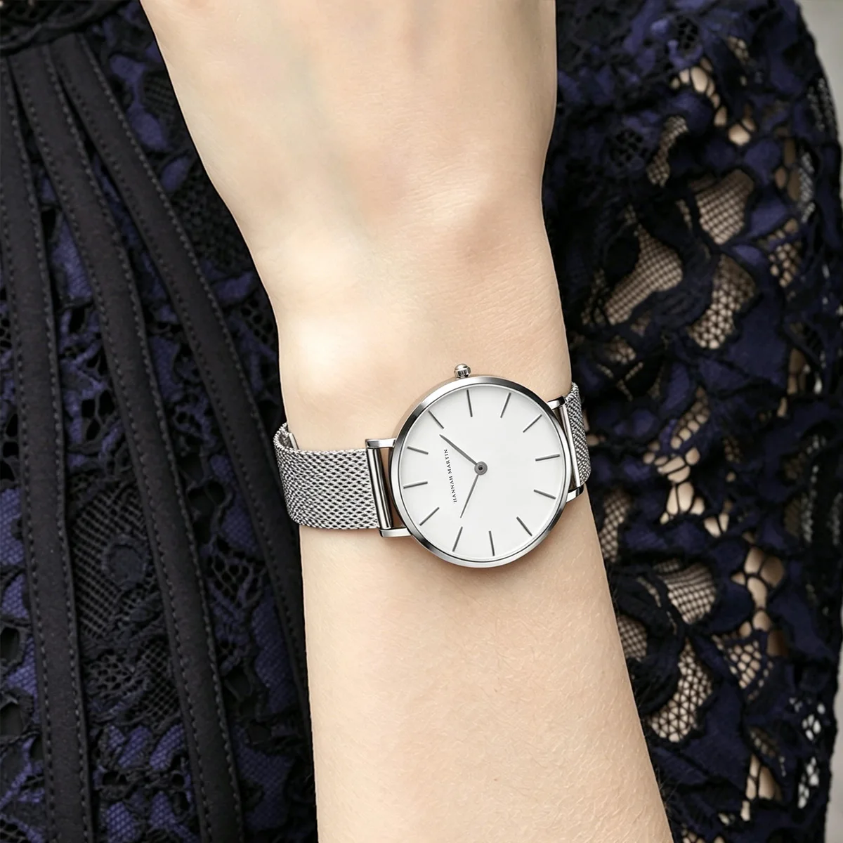 Women's Watch Hannah Martin Brand Stainless Steel Mesh Strap 36mm Silver Minimalist Dial Japanese Quartz Movement 6.9mm Slim Clock 3Bar Life Waterproof Local Fast Shipping Women Watch view 8