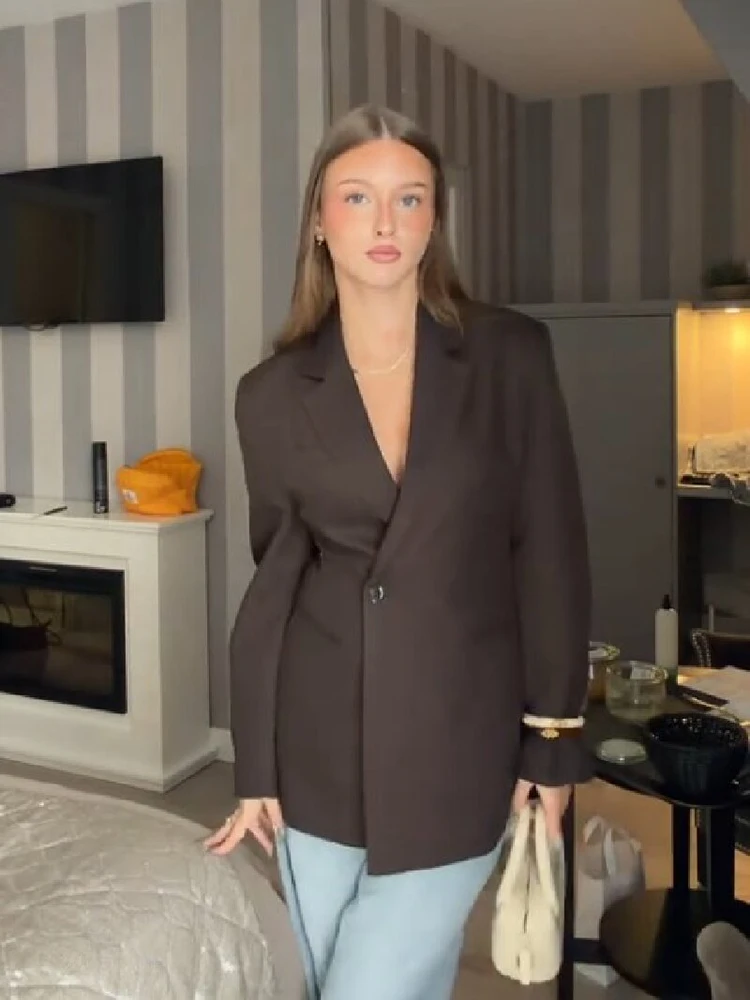 Chic Solid Notched Lapel Blazer Jacket Single Front Button Back Adjust Strap Waist Suit Coat Office Street Fashion Outerwear New