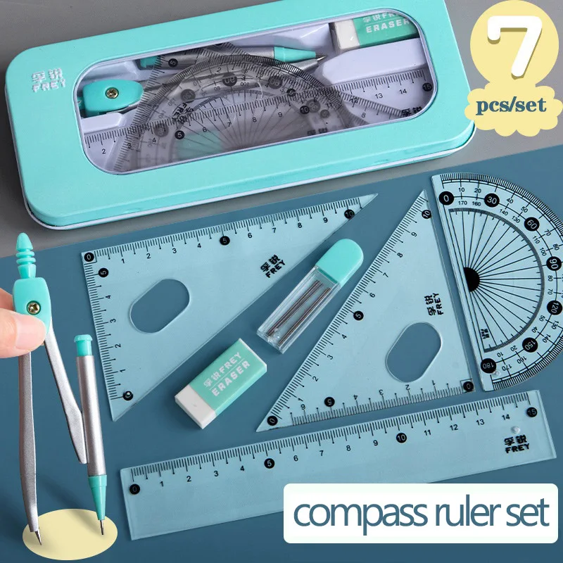 7Pcs Ruler Set Math Drawing Tool Kawaii Geometric Drawing Eraser Compasses Scholar Kit Compass School Supplies Set Stationery