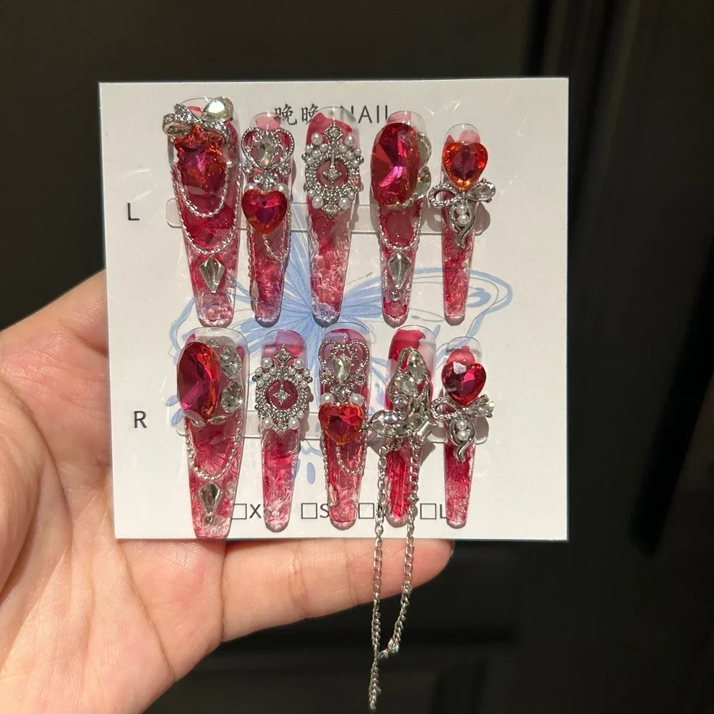 Long Stiletto Coffin Handmade Press On Nail 3D Flower Cat's Eye Rose Light Luxury Diamond Court Y2K Punk Gothic Style False Nail