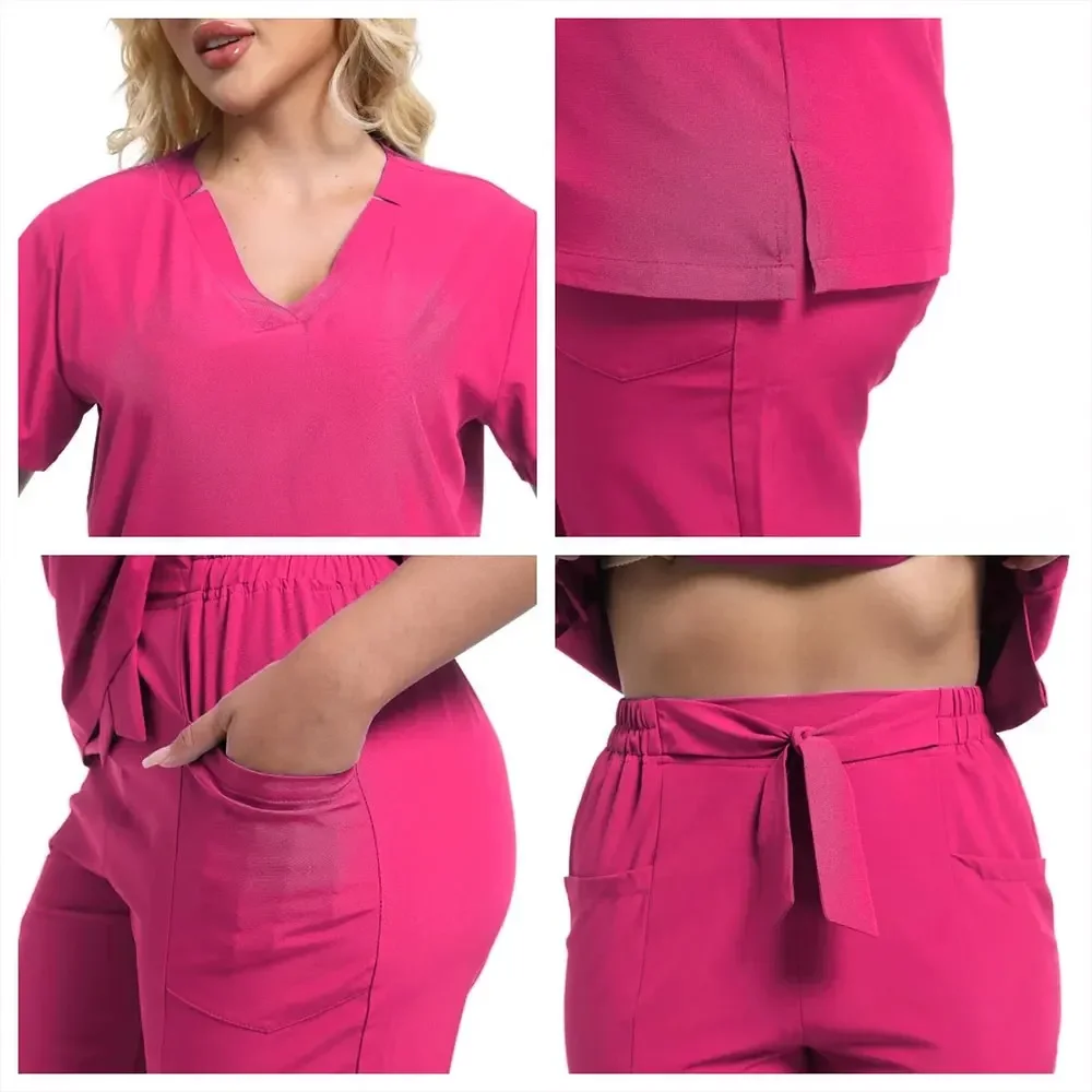 Uniforme con lazo para operación de Hospital para mujer, uniformes quirúrgicos cómodos elásticos, ropa de laboratorio de belleza, conjunto de uniforme médico