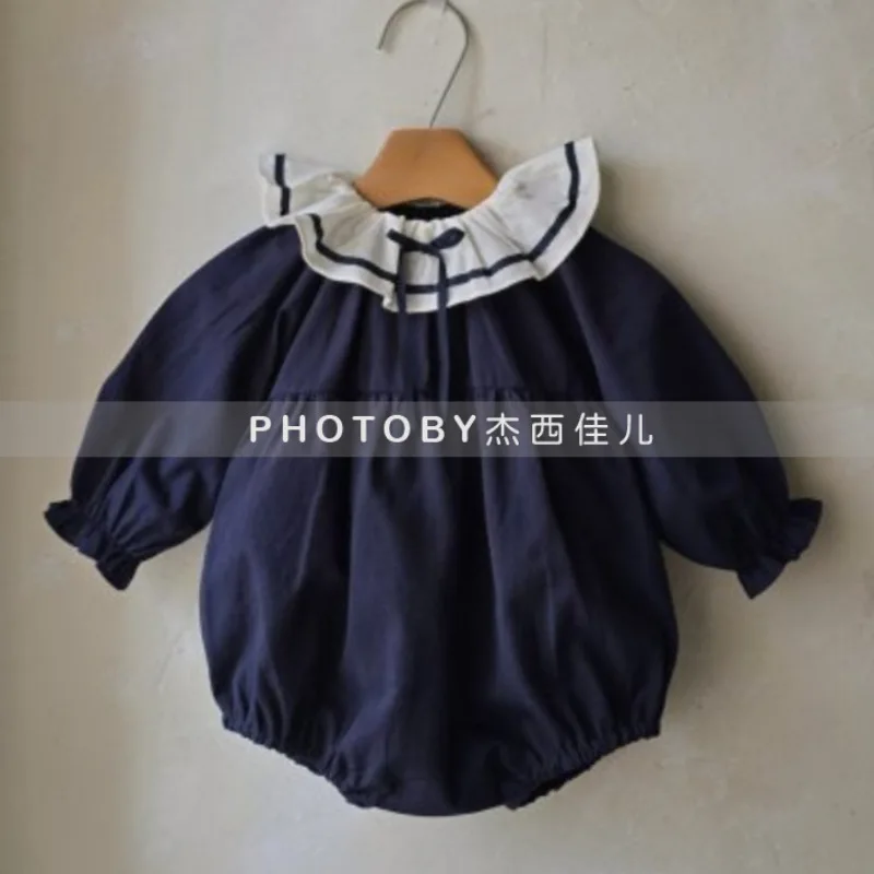 

Girls Spring Autumn Rompers 2025 New Korean Fashionable Preppy Ruffle Collar Color Block Long Sleeve Bodysuits All-match