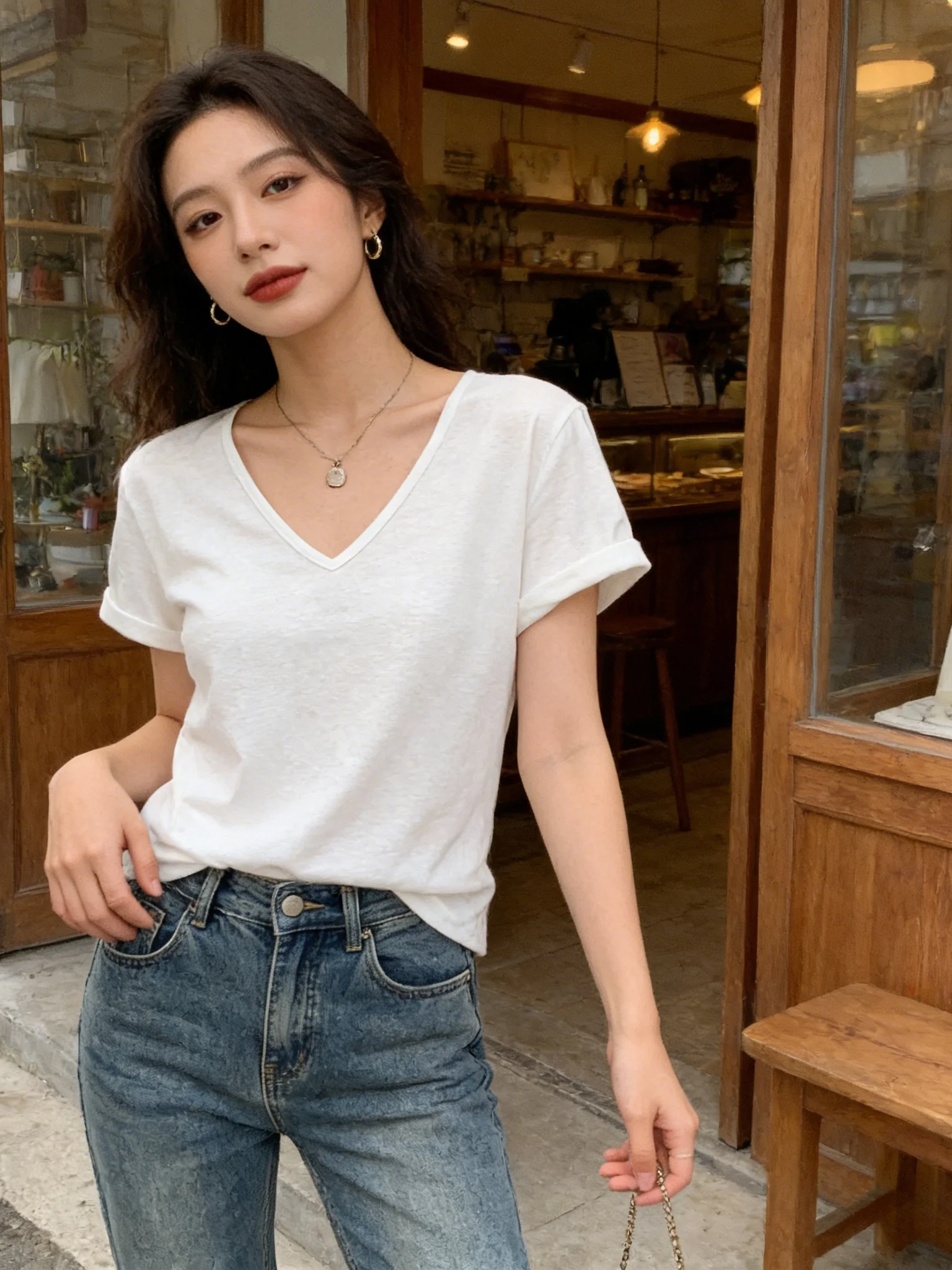 White V-Neck Loose Linen Short Sleeve T-Shirt Women's Summer New Style Unique Beautiful Belly Covering Small Top