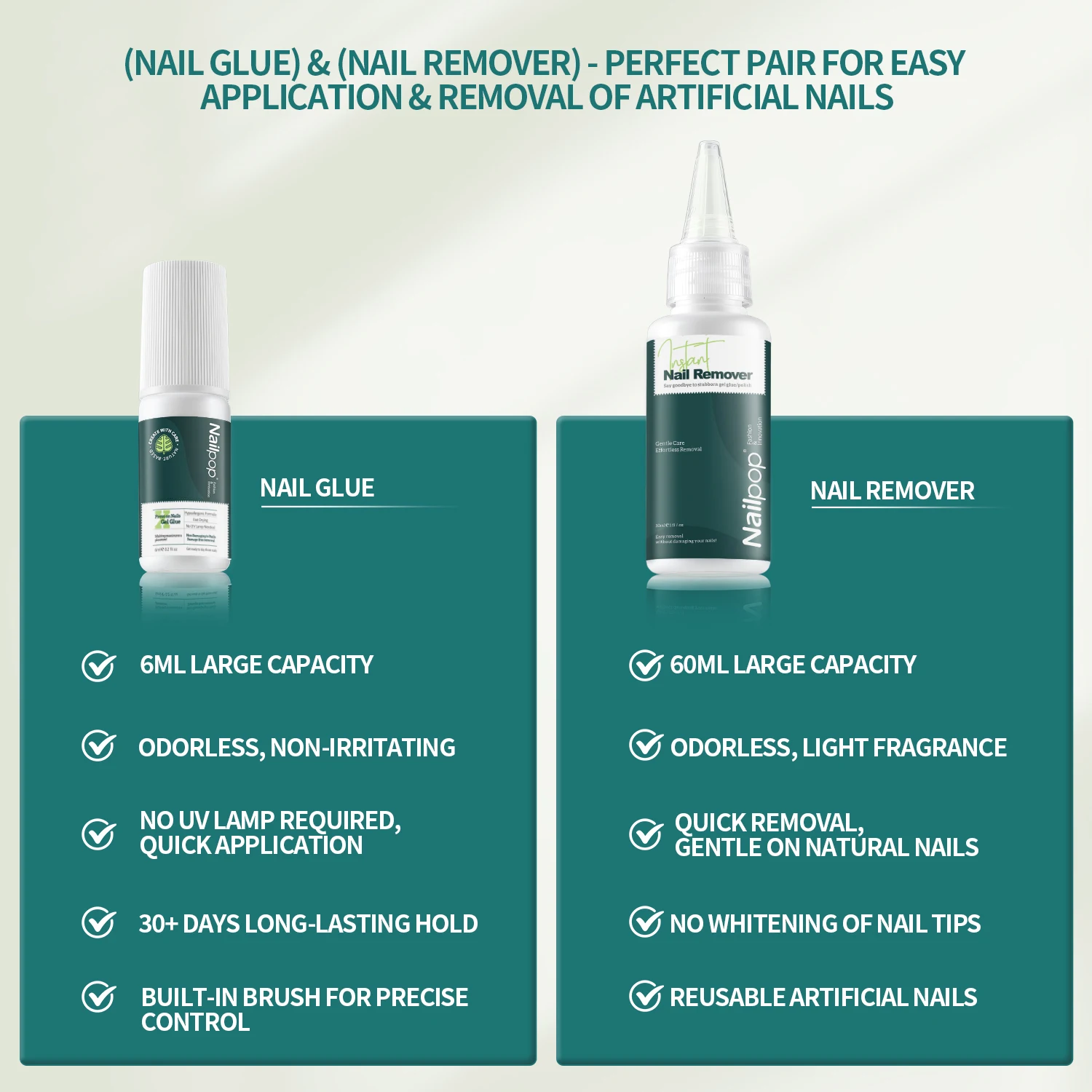 Nailpop Push-nagellijm Krachtige lijm Sneldrogend Langdurig Zacht Geen schade aan nagel Geen UV-lamp inbegrepen 30 ml nagelverwijderaar