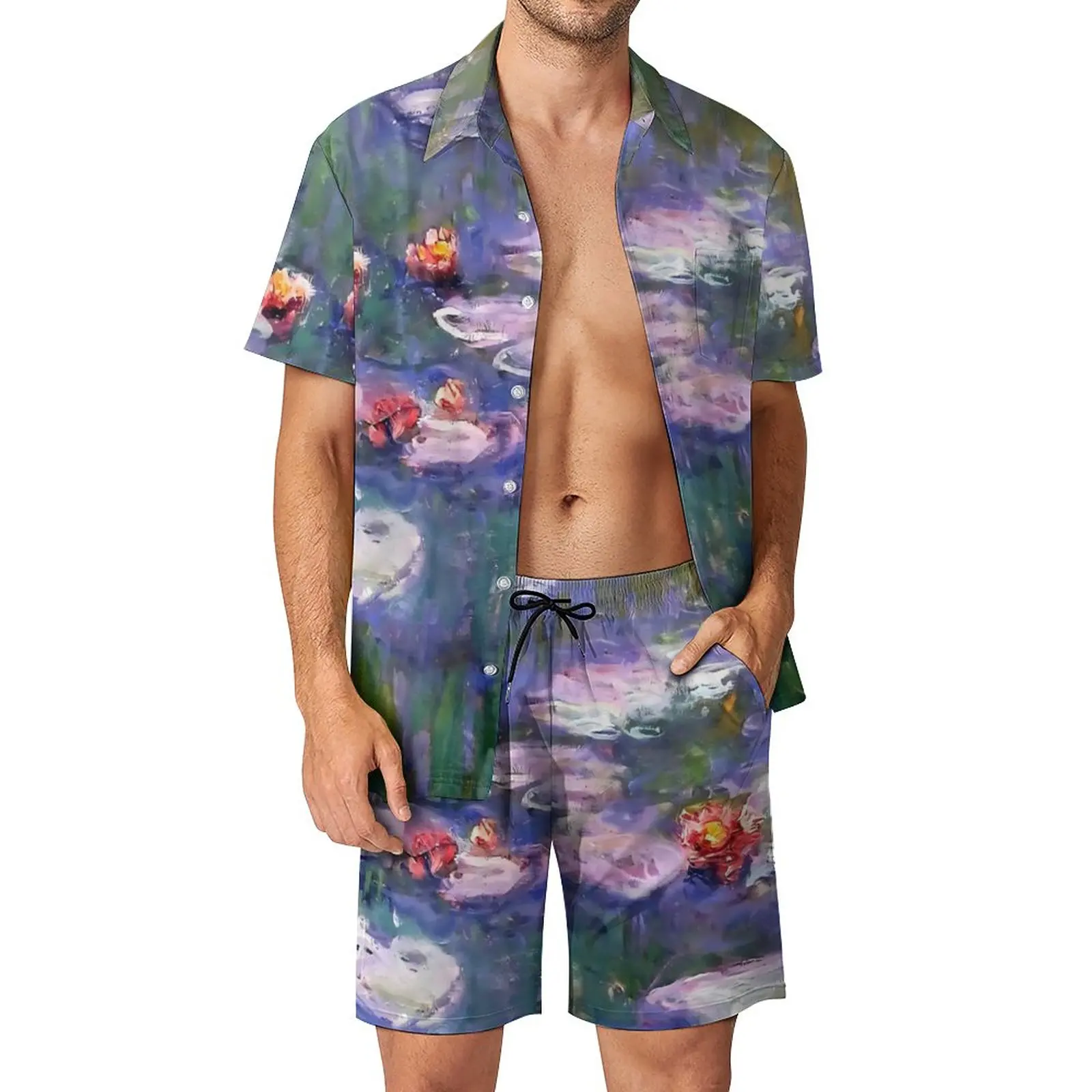 

Water Lily Men Sets Claude Monet 1916 Casual Shorts Beach Shirt Set Summer Fashion Design Suit Short Sleeve Oversized Clothes