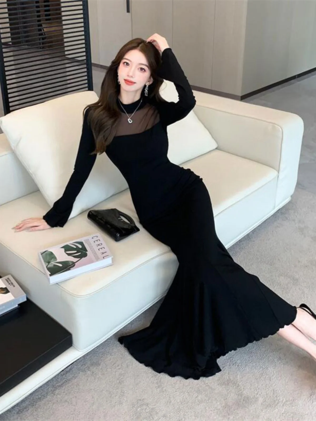 

Элегантное платье Hebe Style с флисовой подкладкой, утепленное, с высокой талией, из смесового хлопка, с длинными рукавами, для осени и зимы