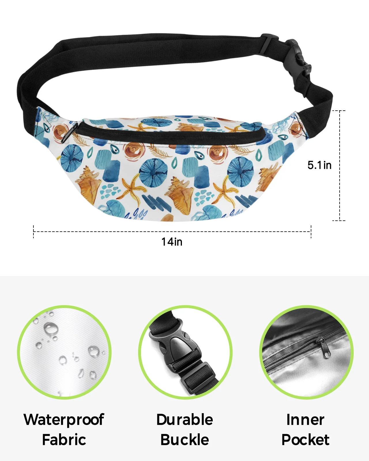 Ocean Jellyfish Starfish Tropical Leaves Waist Bags for Women Man Travel Shoulder Crossbody Chest Bags Waterproof Fanny Pack