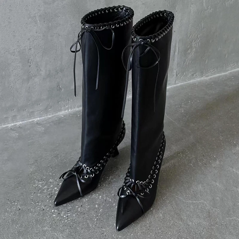 Designer Lace Up Hollow Out Knee High Boots Women Autumn 2026 Sexy Pointed Toe High Heel Long Boots Y2K Stilettos Long Booties image 6