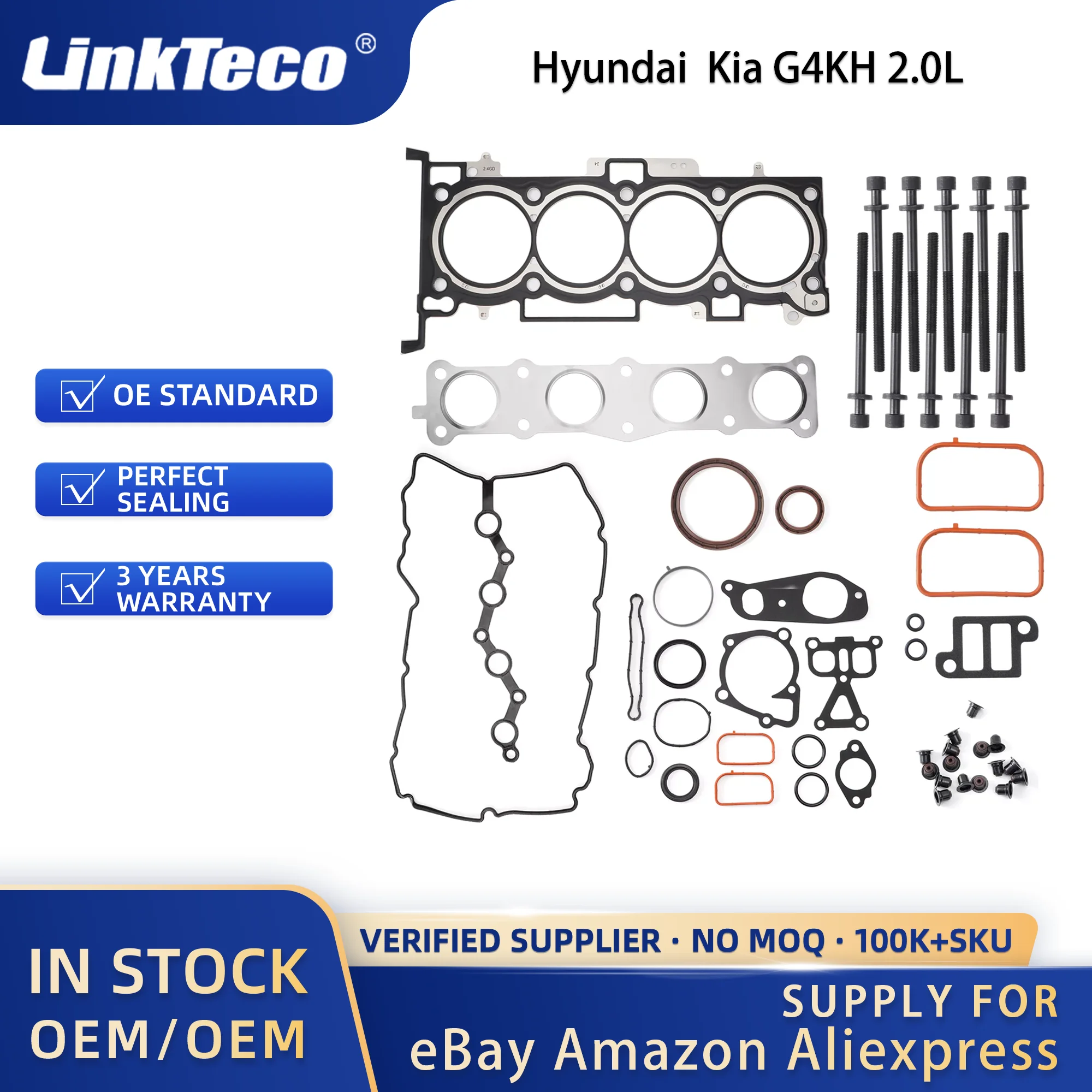 Linkteco Engine Overhaul Rebuild Kit Piston Timing Chain Kit Crankshaft Con-Rod Engine Bearing For Kia G4KH 2.0L 11-16