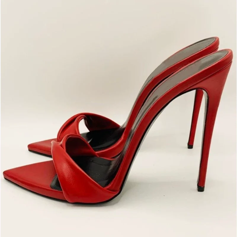 

Pleated Pointed Toe High Heel Mules Shoes Red Silver PU Leather Slip On Women Slippers 12cm High Heel Evening Club Footwears