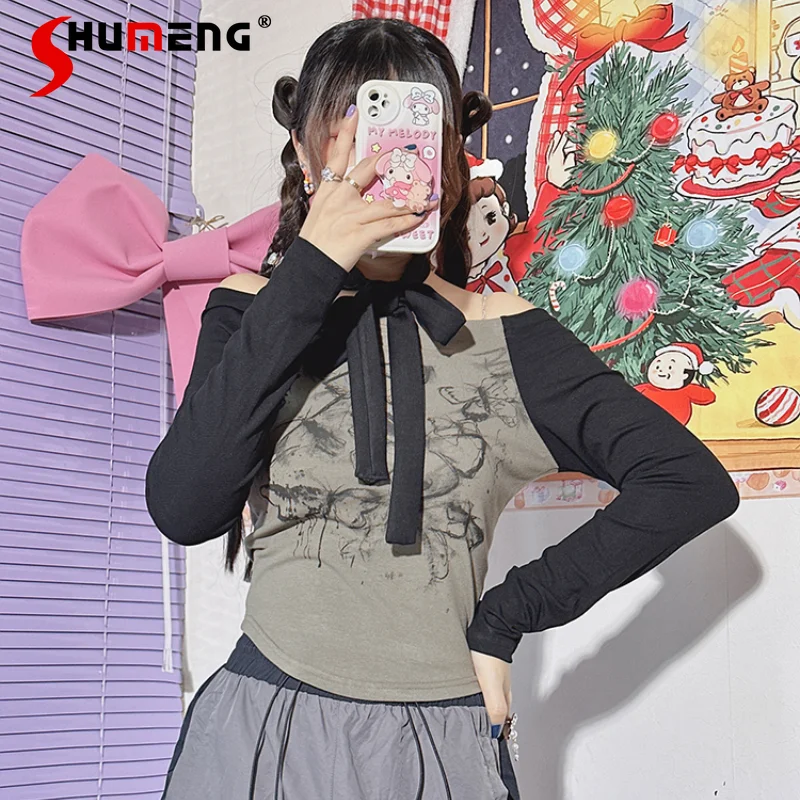 

Hot Girl Harajuku Slim-Fit Print Top Women 2024 New Fashion Long Sleeve T-shirt Student Off-Shoulder Bottoming Shirt with Scarf