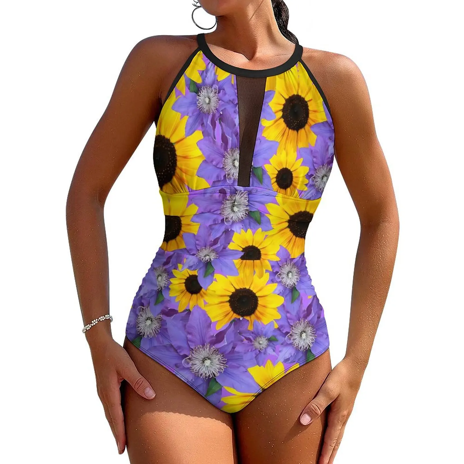 

Sunflower Print Swimsuit Sexy Purple Floral One Piece Swimwear Push Up Swimsuits Fashion Holiday Pool Beach Wear