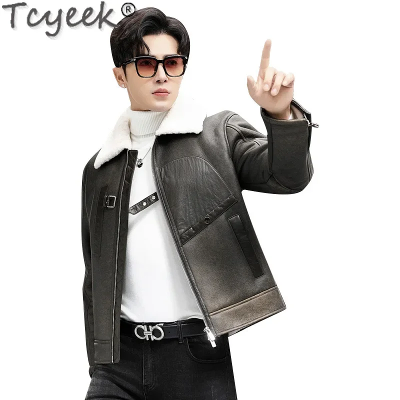 Tcyeek Natural Sheepskin Fur Coats Vintage Genuine Leather Jacket Men Winter Clothes Wool Real Fur Jackets Casaco Masculino 2024