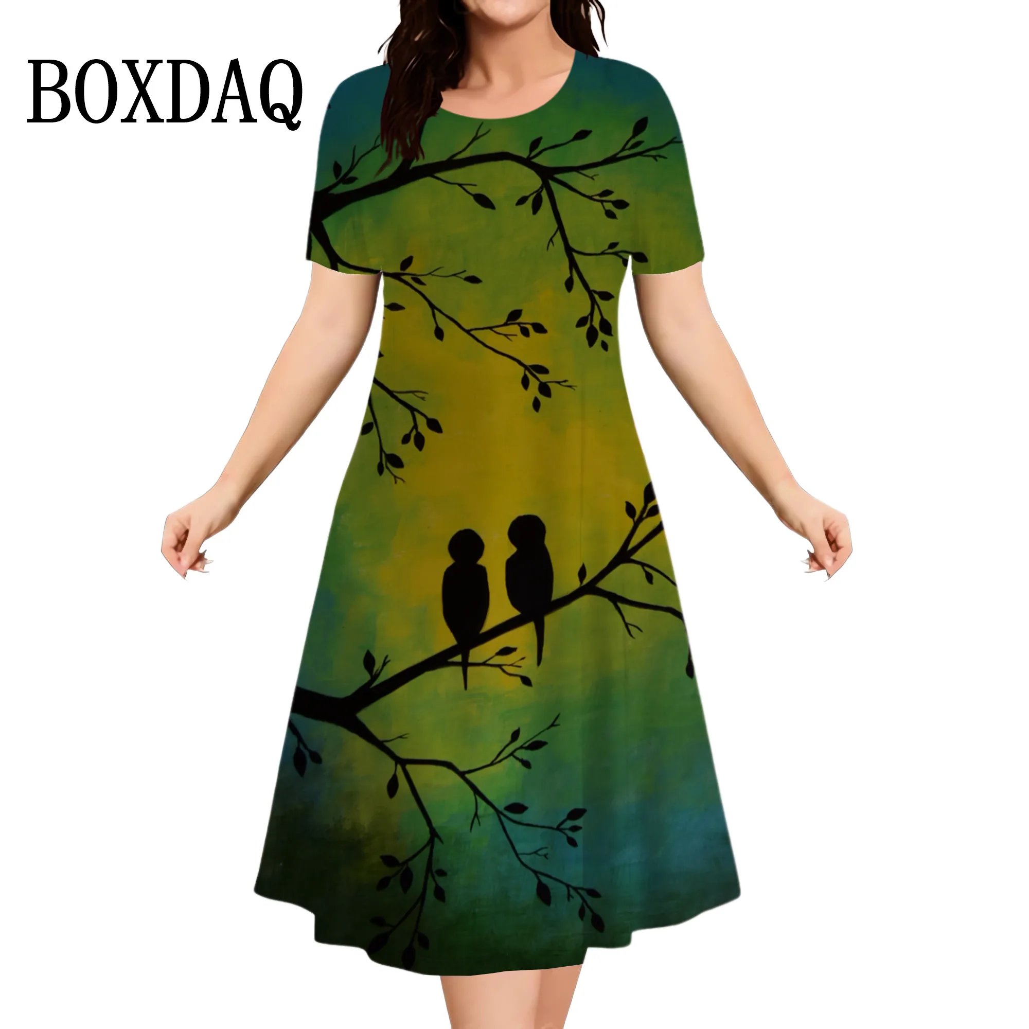 

2024 Women'S Dresses Tie Dye Painting Birds Floral Dress Summer Vintage Casual Pullover Short Sleeve Loose Plus Size Midi Dress