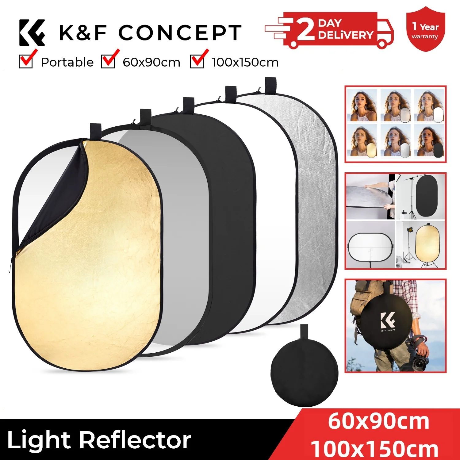 

K&F Concept 100x150cm/60x90cm 5-in-1 Oval Photography Light Reflector with Handle Translucent Panel Soft Fabric Studio Reflector