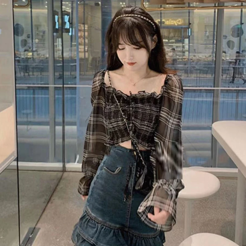 Women Summer Vintage Plaid Drawstring Design Slim Sexy Crop Top Popular Fashion Korean Ladies Elegant College Ins Chiffon Shirts