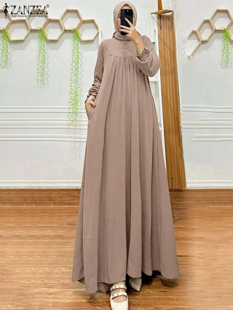 2024 ZANZEA Fashion Women Long Sleeve Solid Muslim Dress Autumn Turkey Abaya Hijab Sundress Islamic Clothing Casual Loose Dress