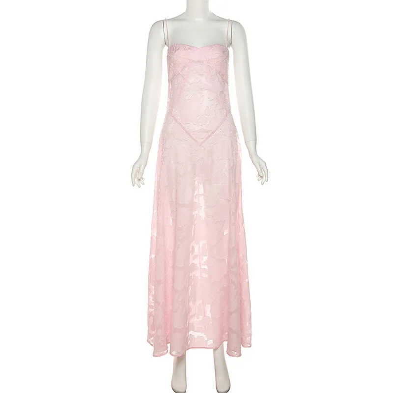 YUZHEXI-maxivestido rosa de encaje transparente con parche de flores para mujer, vestido largo transparente sexy para fiesta con tirantes finos