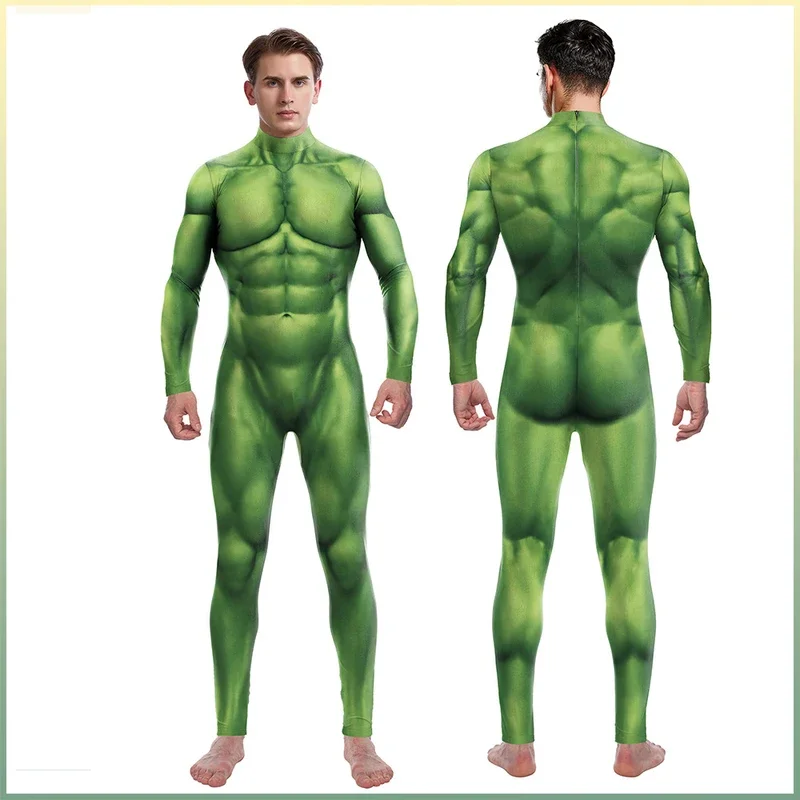 Cosplay costume Halloween carnival Purim Green muscle 3D print men jumpsuit spandex zentai bodysuit women men holiday party wear