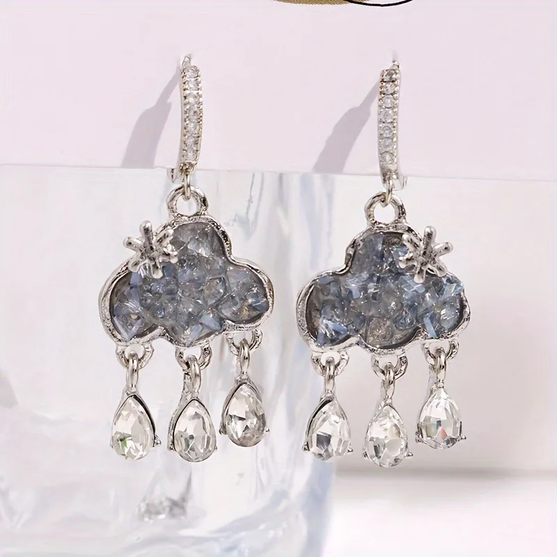 Cute Cloud Hanging Earrings Blue Color Crystal Rain Cloud Pendant Aesthetic Synthetic Zirconia Women's Pendant Earrings Jewelry