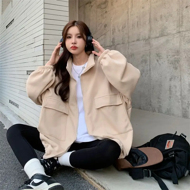 Modieuze Koreaanse Street Style Grote Zak Opstaande Kraag Cardigan Sweatshirt Jack Vrouwen Herfst Winter Y 2K Verdikte Top