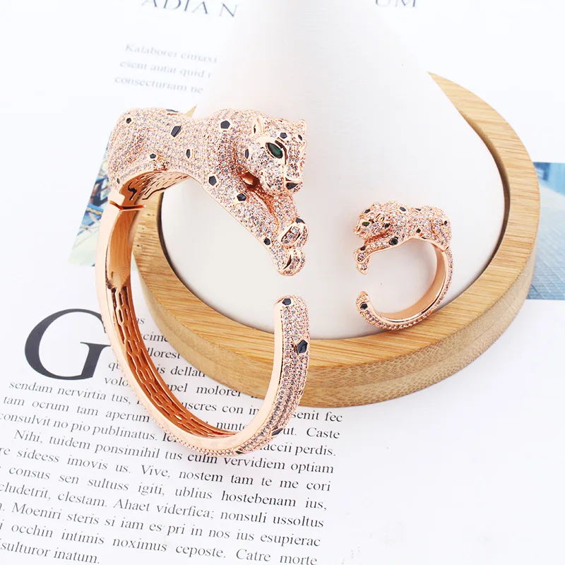 Europe America Fashion Style Men Women Lady Plated Gold Color Black Spots Inlay Green Cubic Zircon Leopard Ring Bracelet Bangle