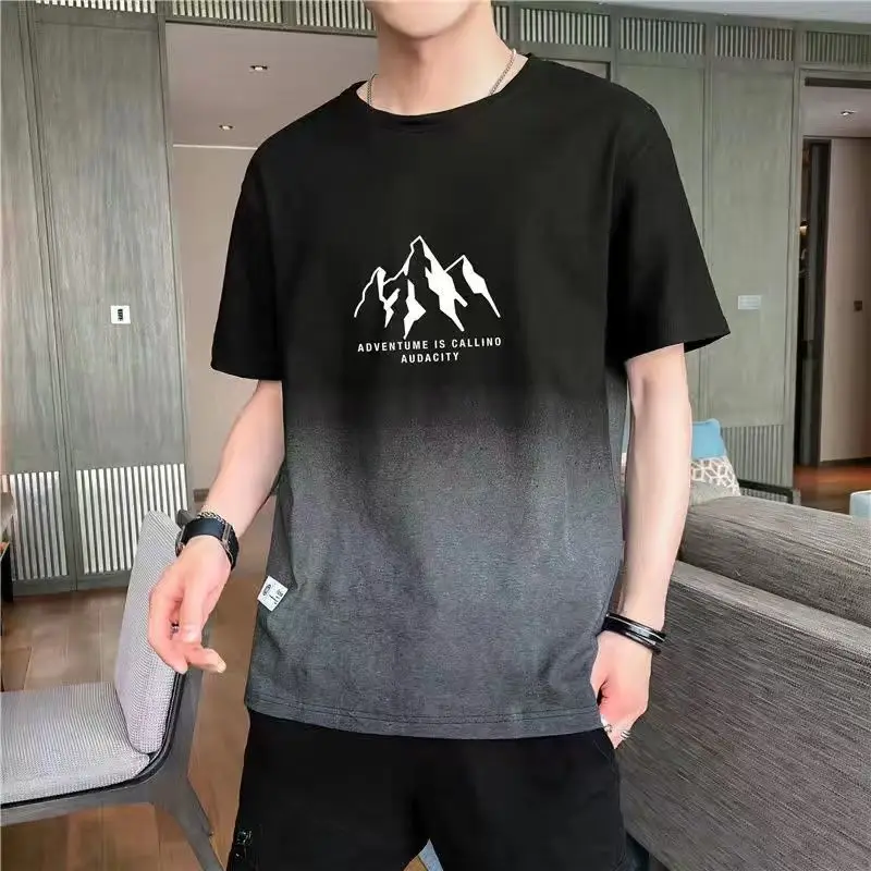 Summer New American Vintage Thin Gradient Men Trendy Short Sleeve T-shirt Round Neck Print Casual Fashion Loose Breathable Tops