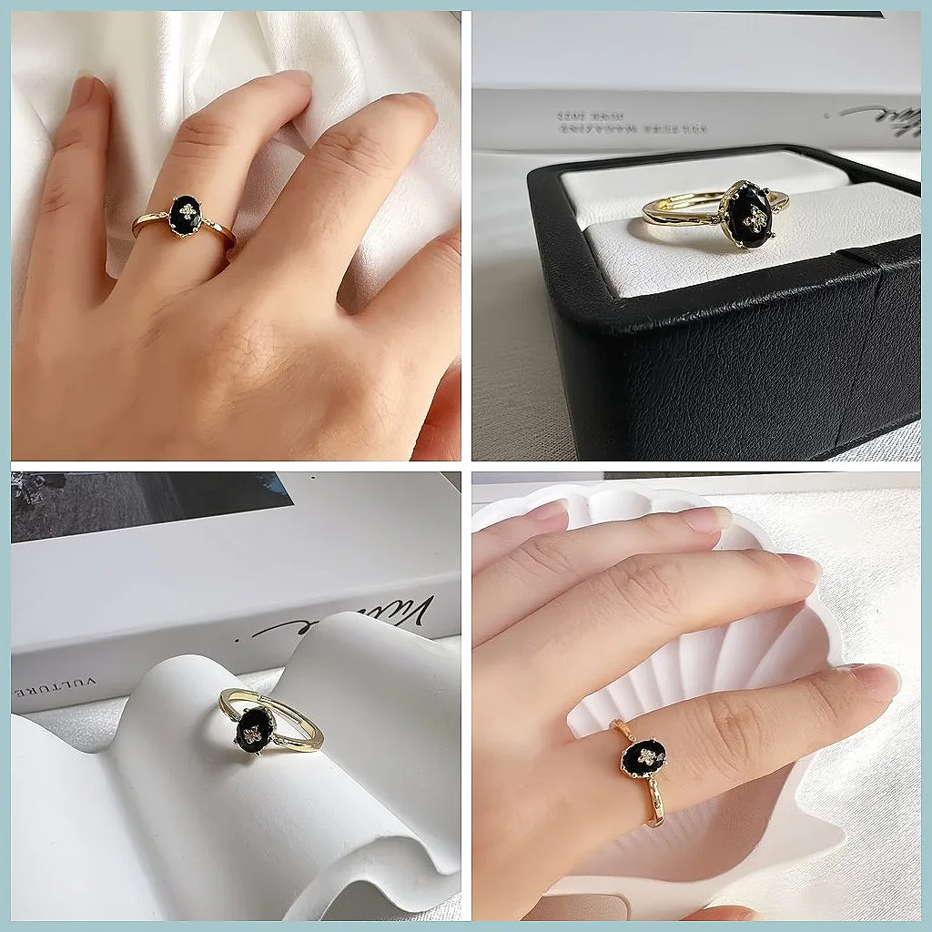 Vintage Egg-Shaped Black Onyx Flower Ring, Adjustable Opening, Retro Luxury Fashion Jewelry Gift for Women