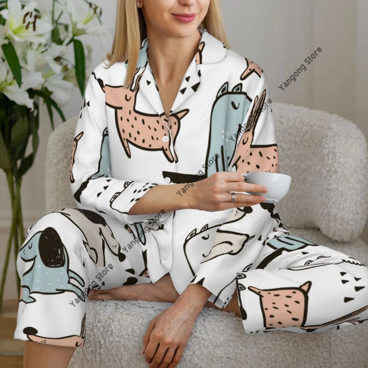 Spring and Autumn Long Sleeve Pants Pajamas Loungewear Set Hand Drawn Dogs Women's Pull Edge Loose Sleeping Suit