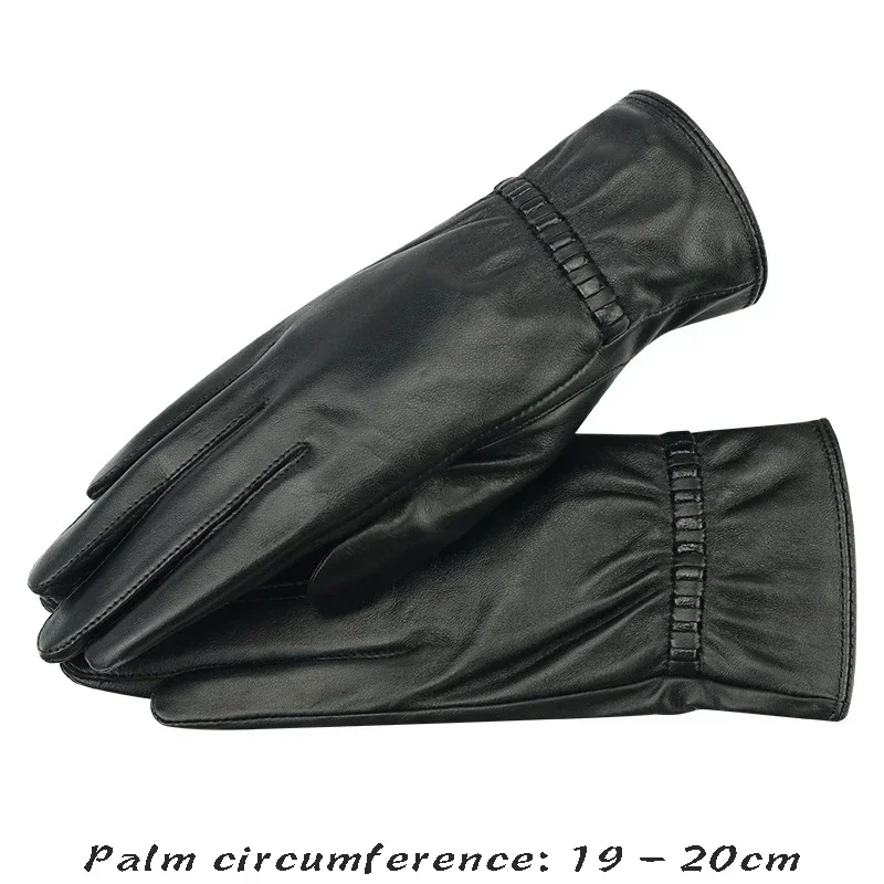 

High quality winter genuine leather gloves for women plush lining hand warmer new 2023 elegant gloves - black