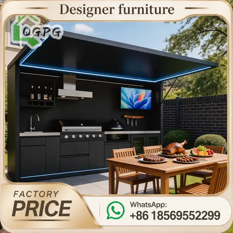 Commercial Grade 304 Stainless Steel Electric Hydraulic Lift Outdoor Kitchen Pod Integrated Grill Sink Fridge Storage For