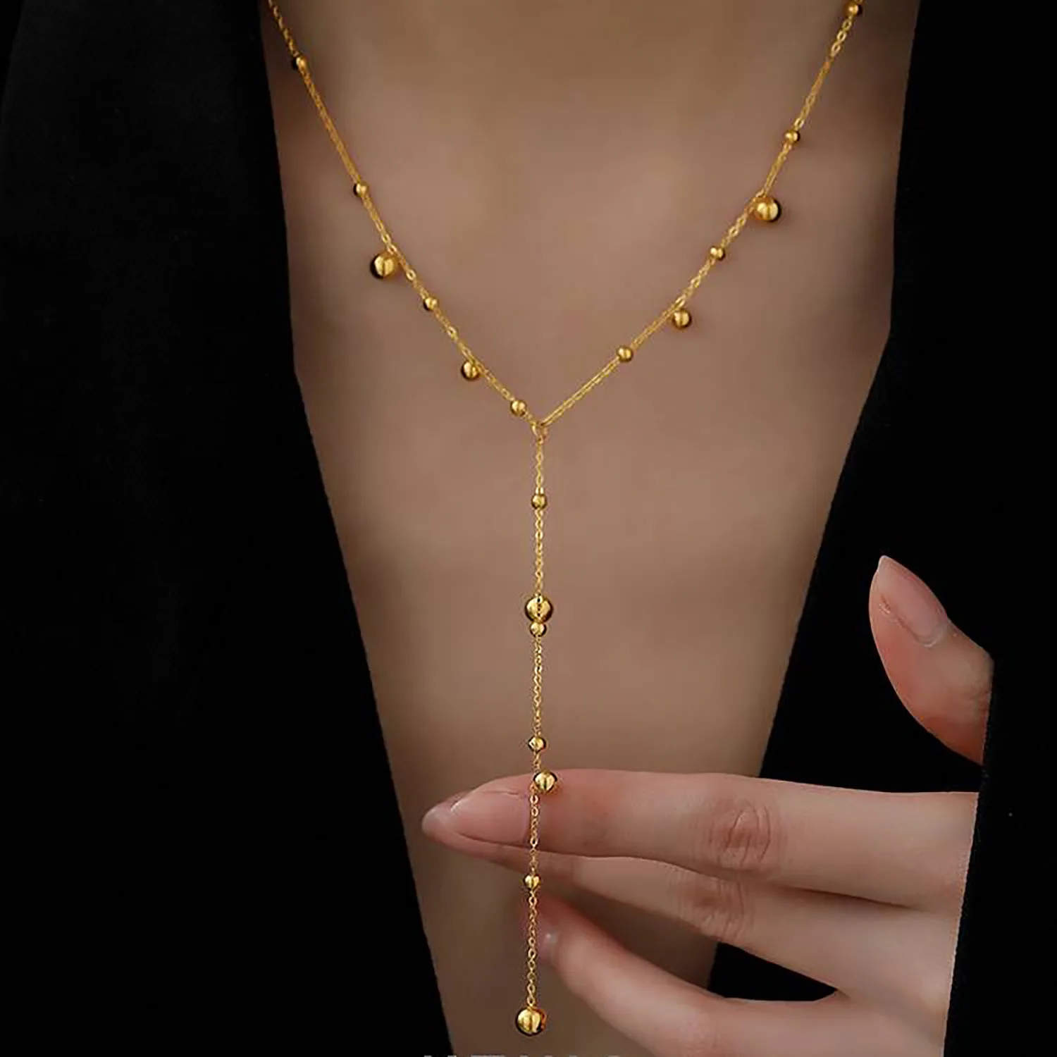 

Stainless Steel PVD 18K Gold Plated Tarnish Waterproof Long Tassel Beads Rope Necklace For Woman Jewelry Wholesale Trendy