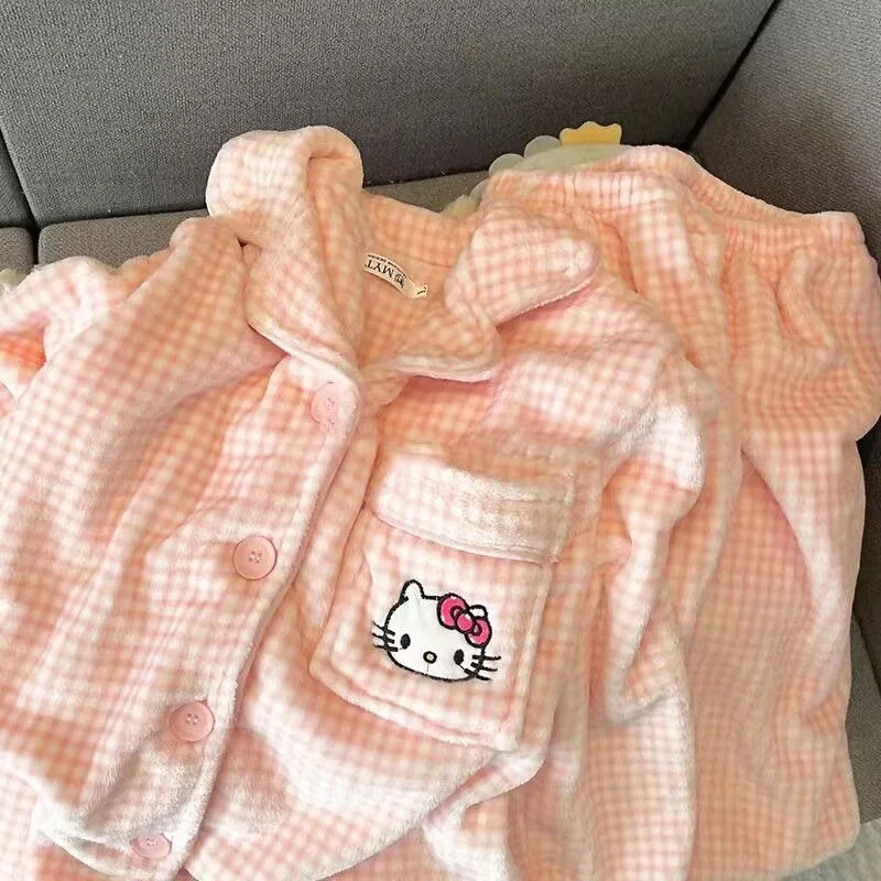 Hello Kitty Coral Velvet Pajamas Women\'s Autumn and Winter Long Sleeves with Thick Velvet Cartoon Cute Home Clothes Winter Set