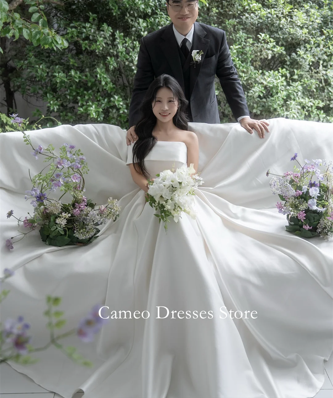 SONDR Customized One-Shoulder Short  Sleeves A-Line Ivory Wedding Dresses Satin Sweep Train Brides Gowns Women Bridal Dresses