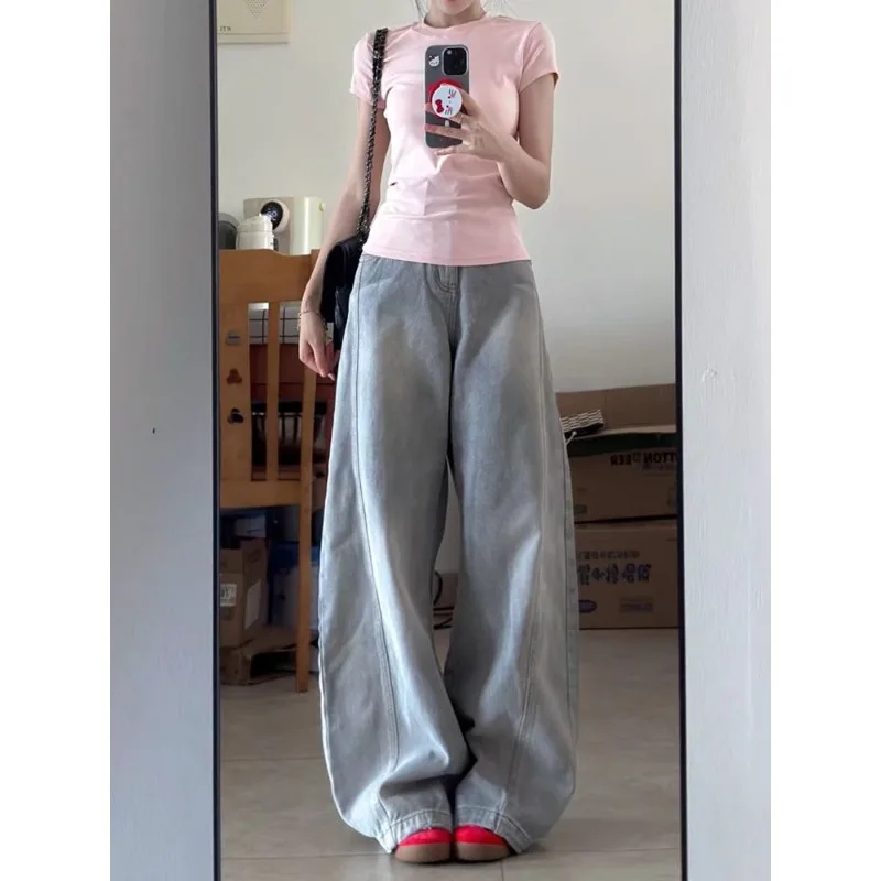 

High Waist Design Denim Jeans Women's Summer Style Slimming American Retro Loose Straight Leg Wide Leg Pants 2025 New