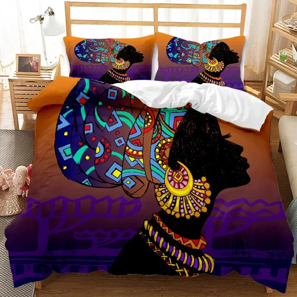 African Black Woman Duvet Cover King Size,Afro Desert Tribal Girls Bedding Set Bohemian Folk Female Polyester Quilt Cover
