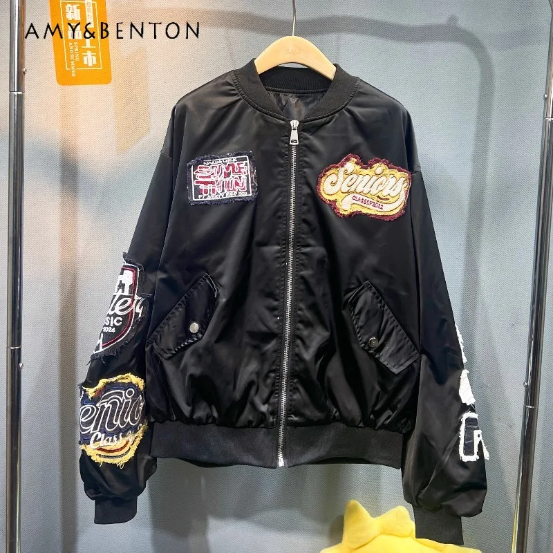 

Fashion 2025 Autumn New Embroidered Letter Baseball Jacket Women's Loose And Thin Versatile Top Zipper Long-sleeved Coat Outwear