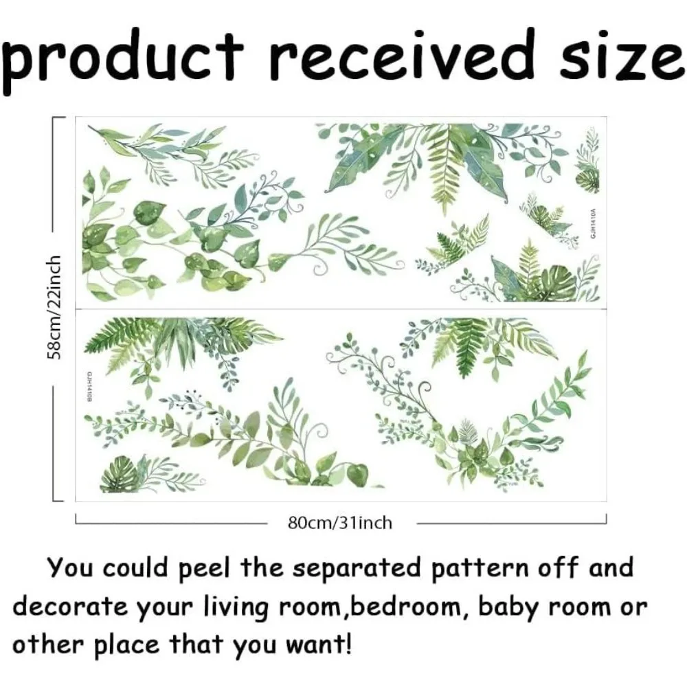 Green Plants Wall Decals 2 Sheets/Set Vines Branches Leaves Wall Sticker Removable Vinyl Art Mural Decals for Living Room